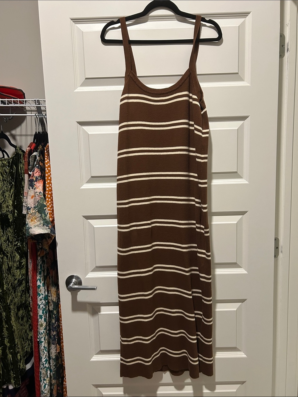 Eloquii Brown and Cream Striped Knit Maxi Dress